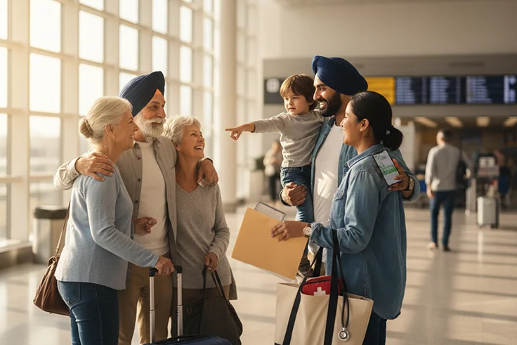 Sikh family greeting elders at airport