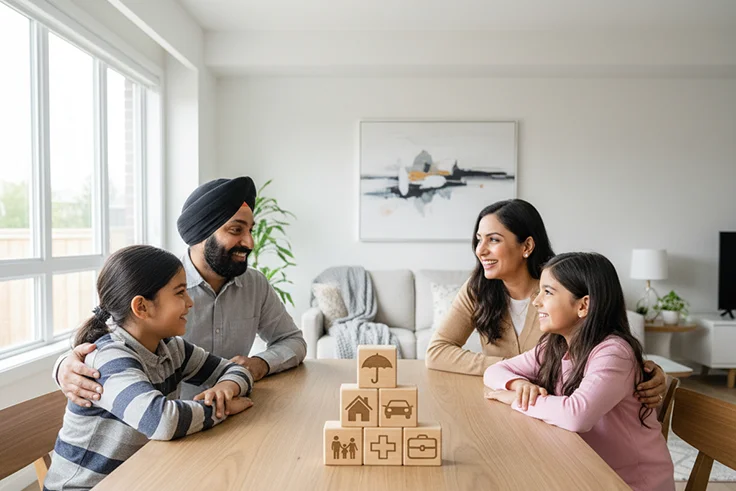 Sikh family smiling with insurance blocks